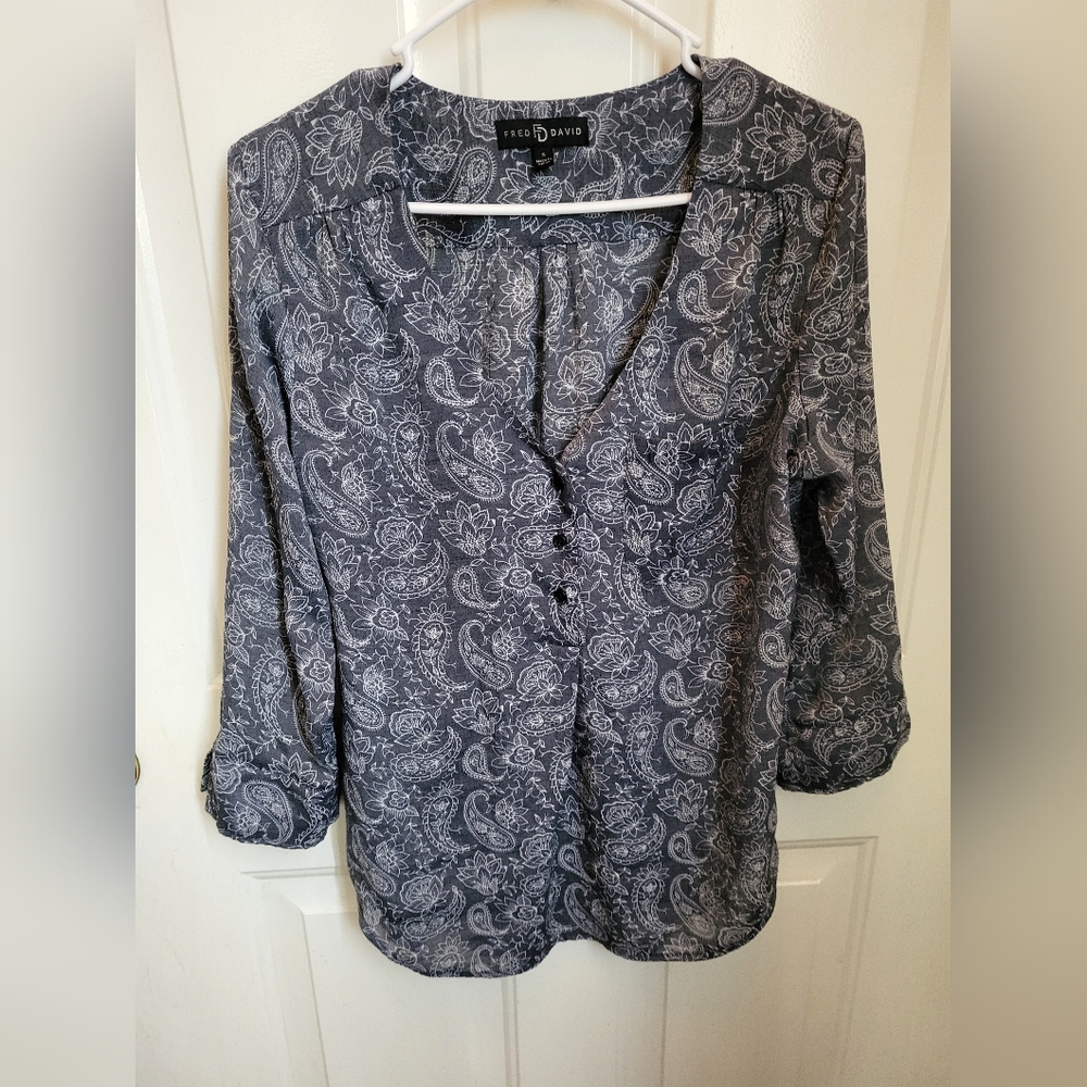 Fred David Grey/White Boho Floral Paisley High Low 3/4 Sleeve Blouse Sz S